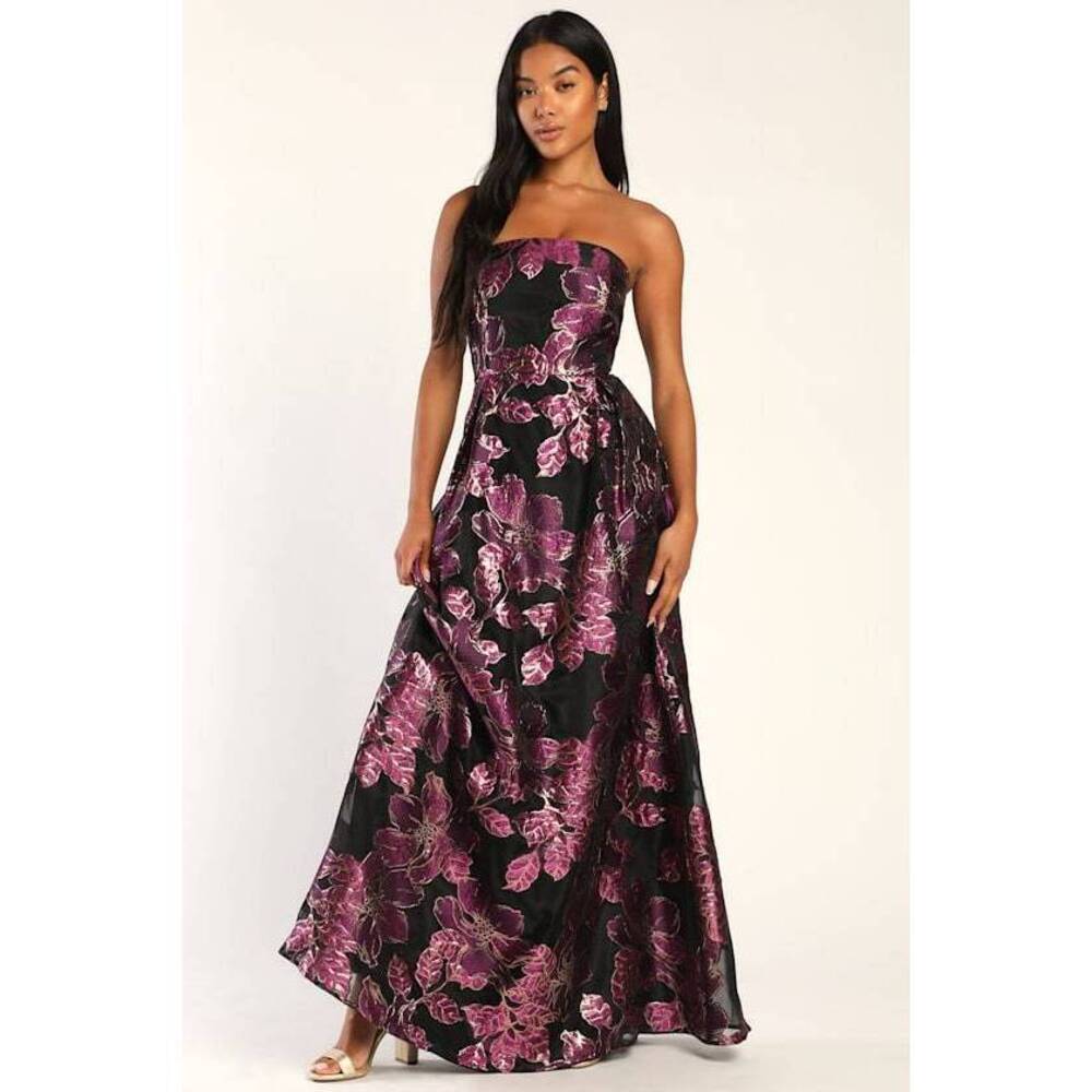 Lulus Always Showstopping Black Floral Jacquard Strapless Maxi Dress - Size M